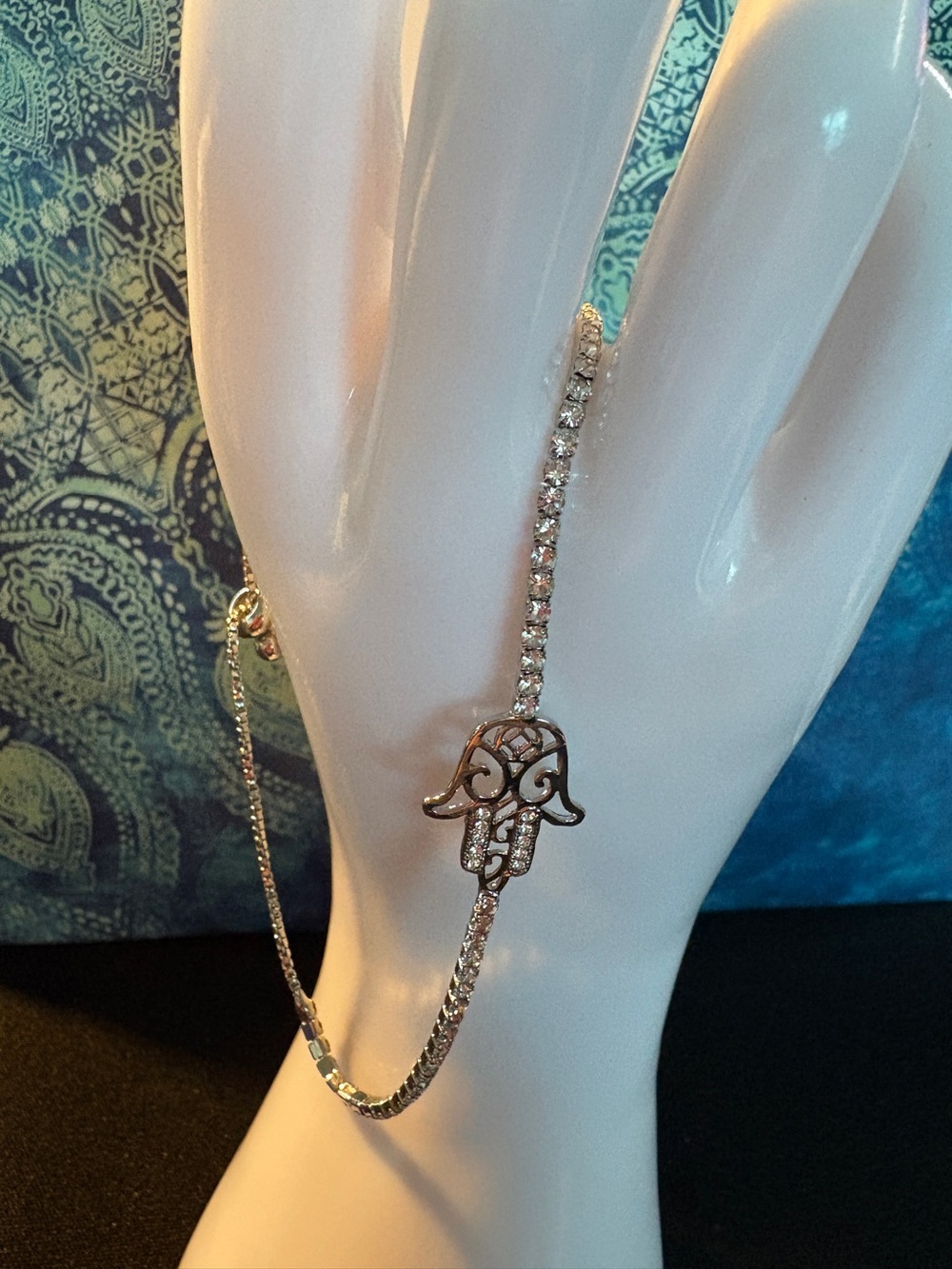 Silver Hamsa Hand Dainty Bracelet - Rhinestone Accent